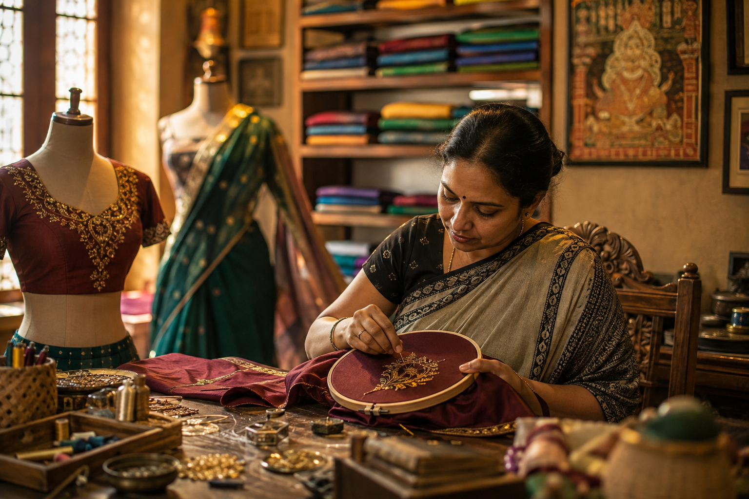 Master tailor measuring silk fabric in the atelier
